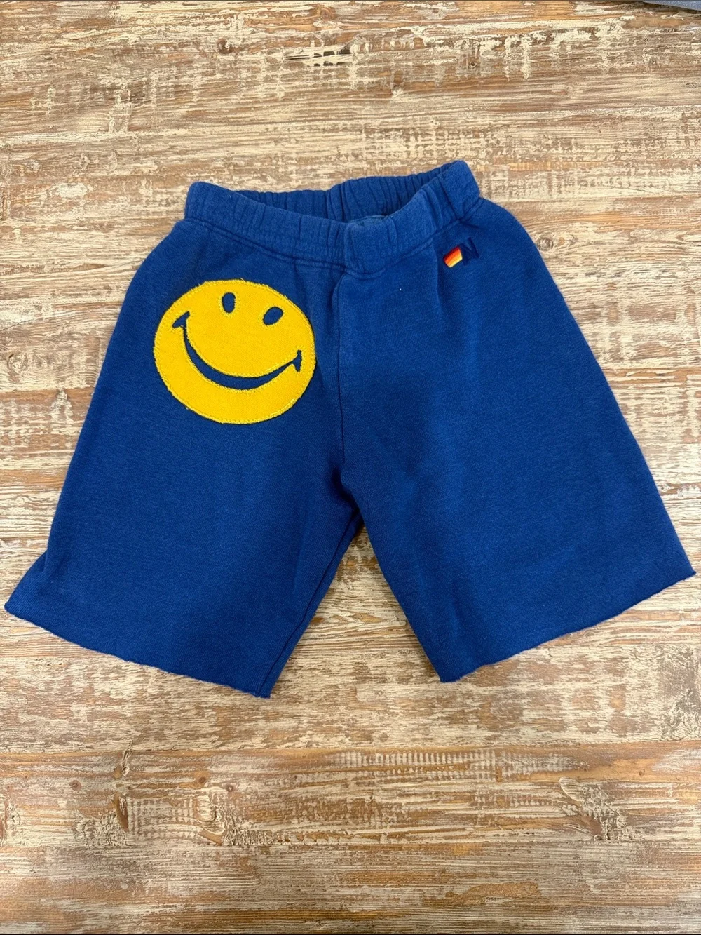 Aviator Nation Blue Knit Shorts with Yellow Smiley